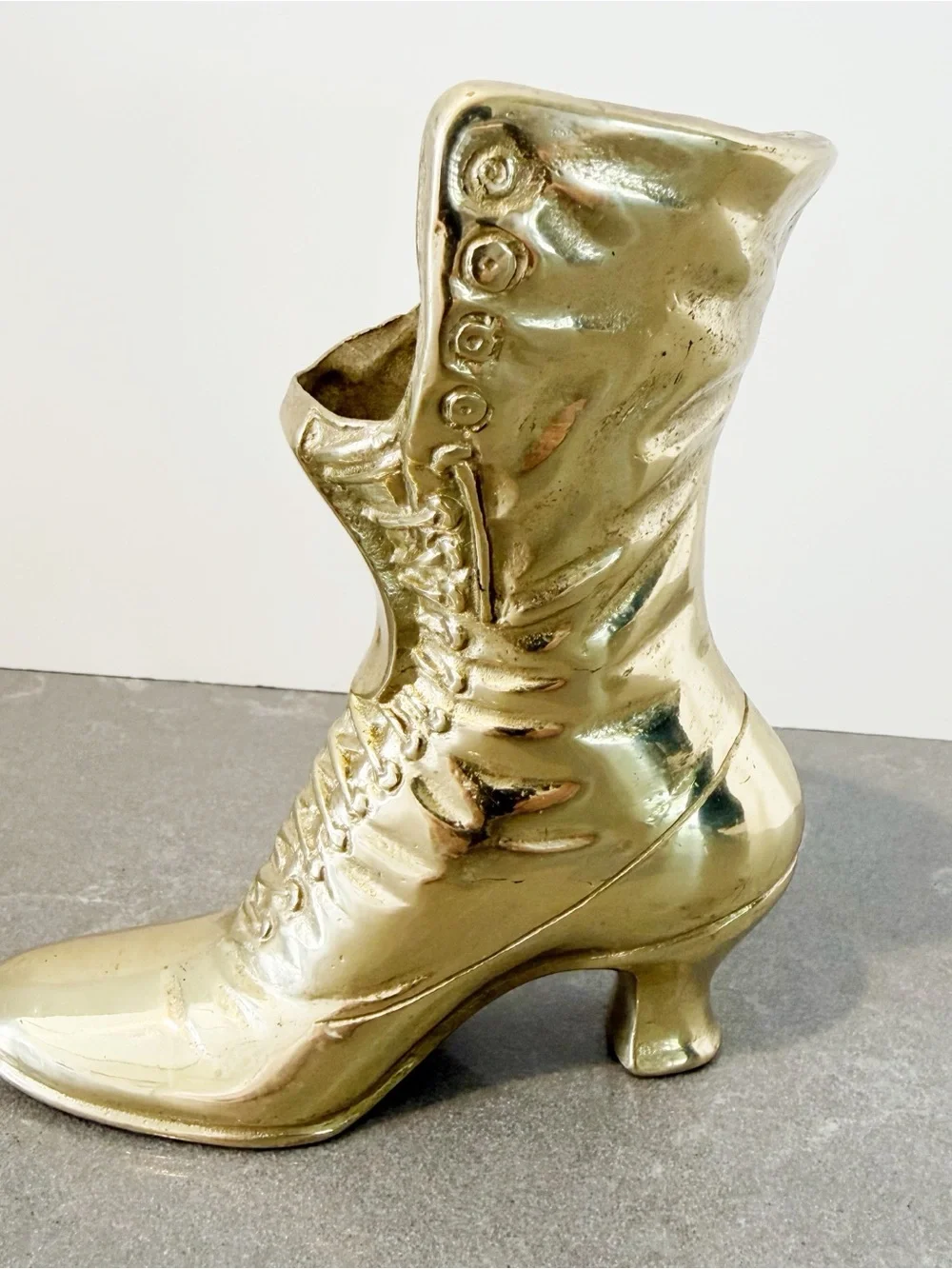 Vintage Gold Brass Metallic Victorian Boot Figurine Vase Accent - Picture 1 of 6